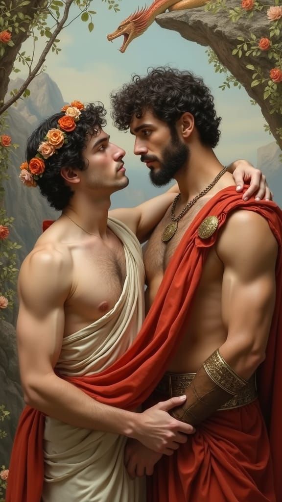 Intimate Embrace: Men in Classical Dress Before Dragon Mount...