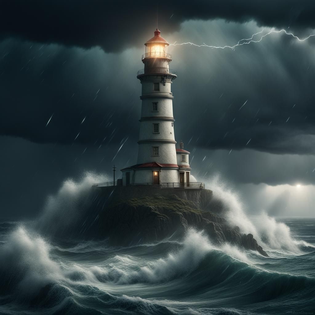 Epic Lighthouse Amidst Turbulent Waves in Dramatic Digital P...