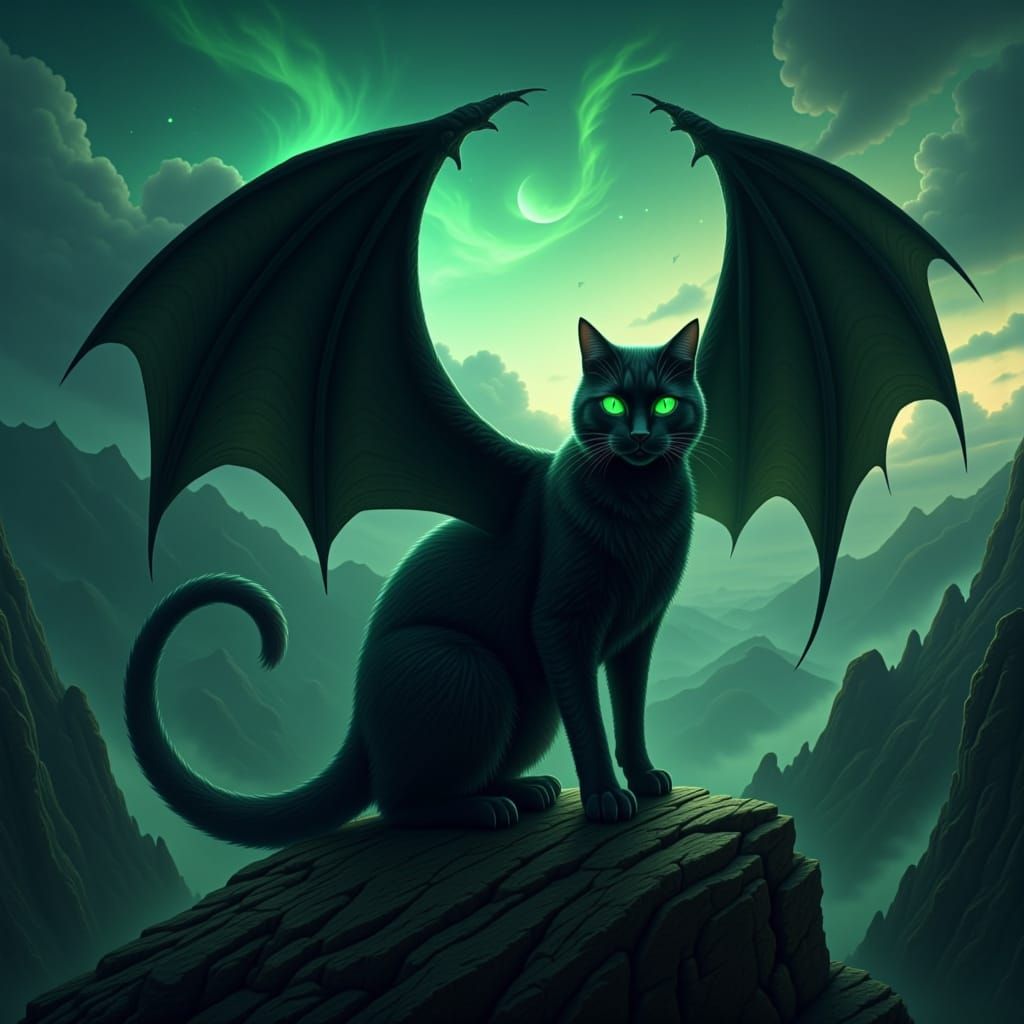 Black Cat-Dragon Hybrid with Emerald Eyes