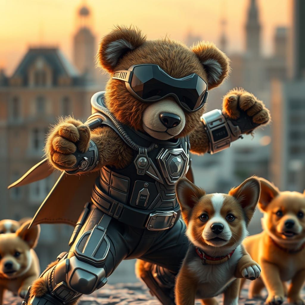Cyberpunk Teddy Superhero Saves Canine Companions in Citysca...