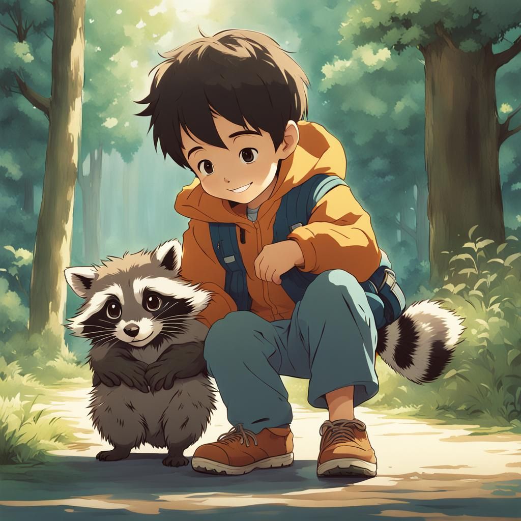 Whimsical Toddler Boy Enjoys Pet Raccoon in Colorful Manga S...