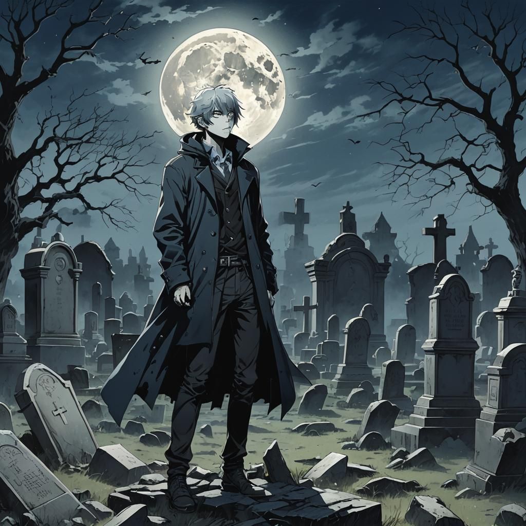 Anime vampire boy in a creepy and foggy graveyard under the ...