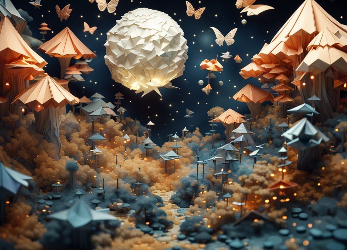 Origami Fantasy World Landscape with Whimsical Elements