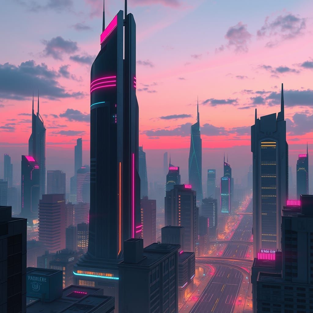 Futuristic Cyberpunk Cityscape at Dusk