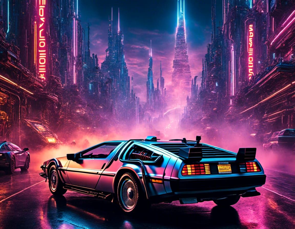 Ethereal Delorean Speeds Through Futuristic Cityscape