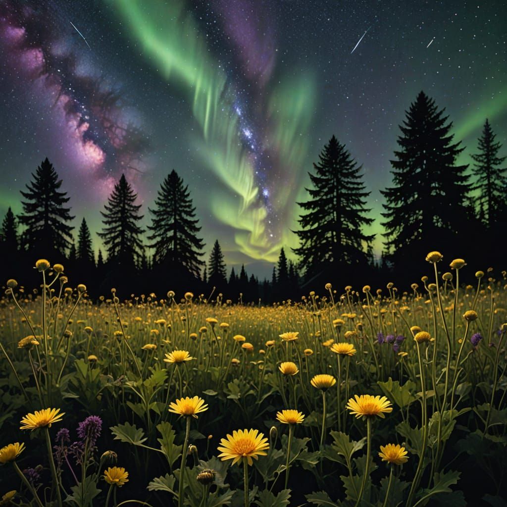 Whimsical Meadow Scene at Dusk with Mouse and Fireflies in a...