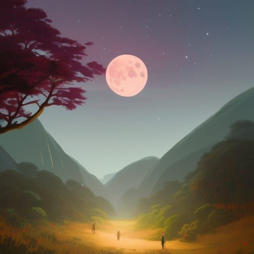 Starry Majestic Moonrise with Pink Tree and Fireflies