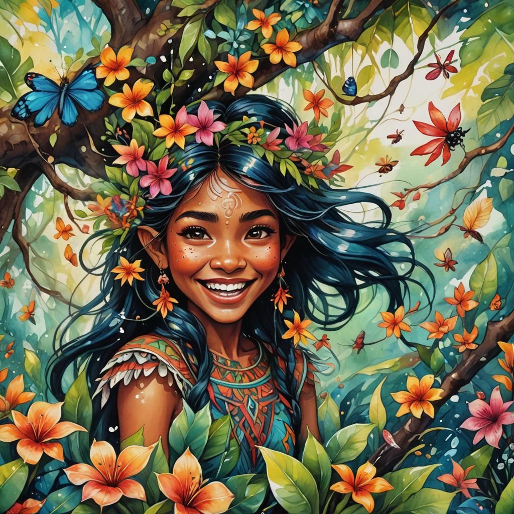 Vibrant Polynesian Elf Girl Under Fantastical Tree