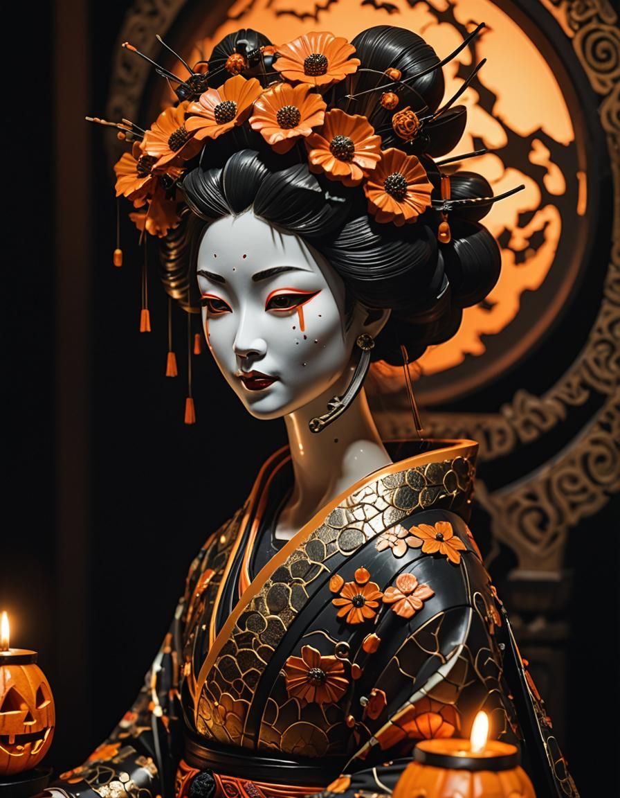 Surreal Geometric Goddess with Glowing Jack-o-Lantern Mask