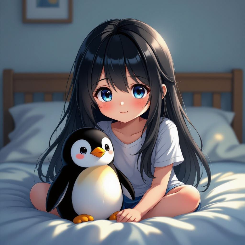 Cute Girl with Penguin Toy in Hyper-Realistic Manga Style