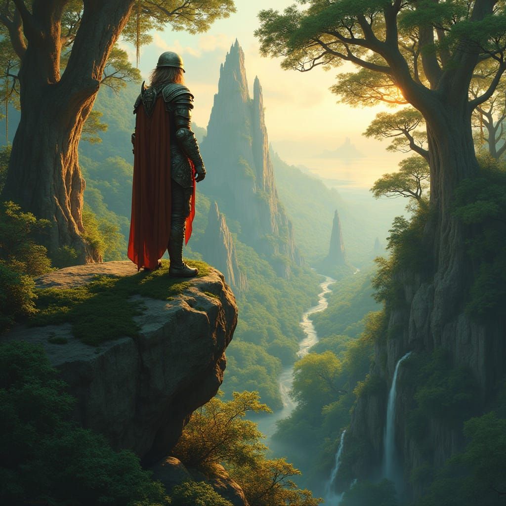 Heroic Fantasy Guardian Amidst Mystical Forest Landscape