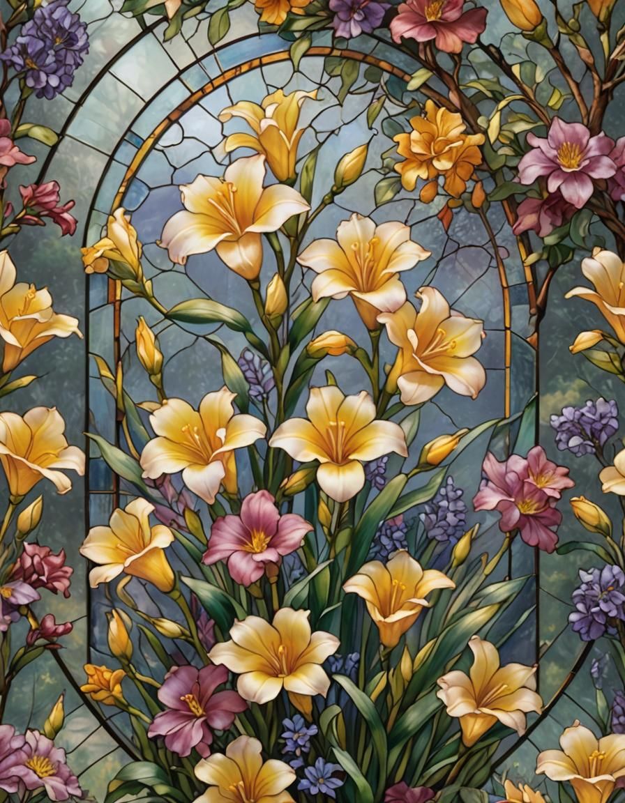 Ethereal Stained Glass Round with Vibrant Freesia in Center