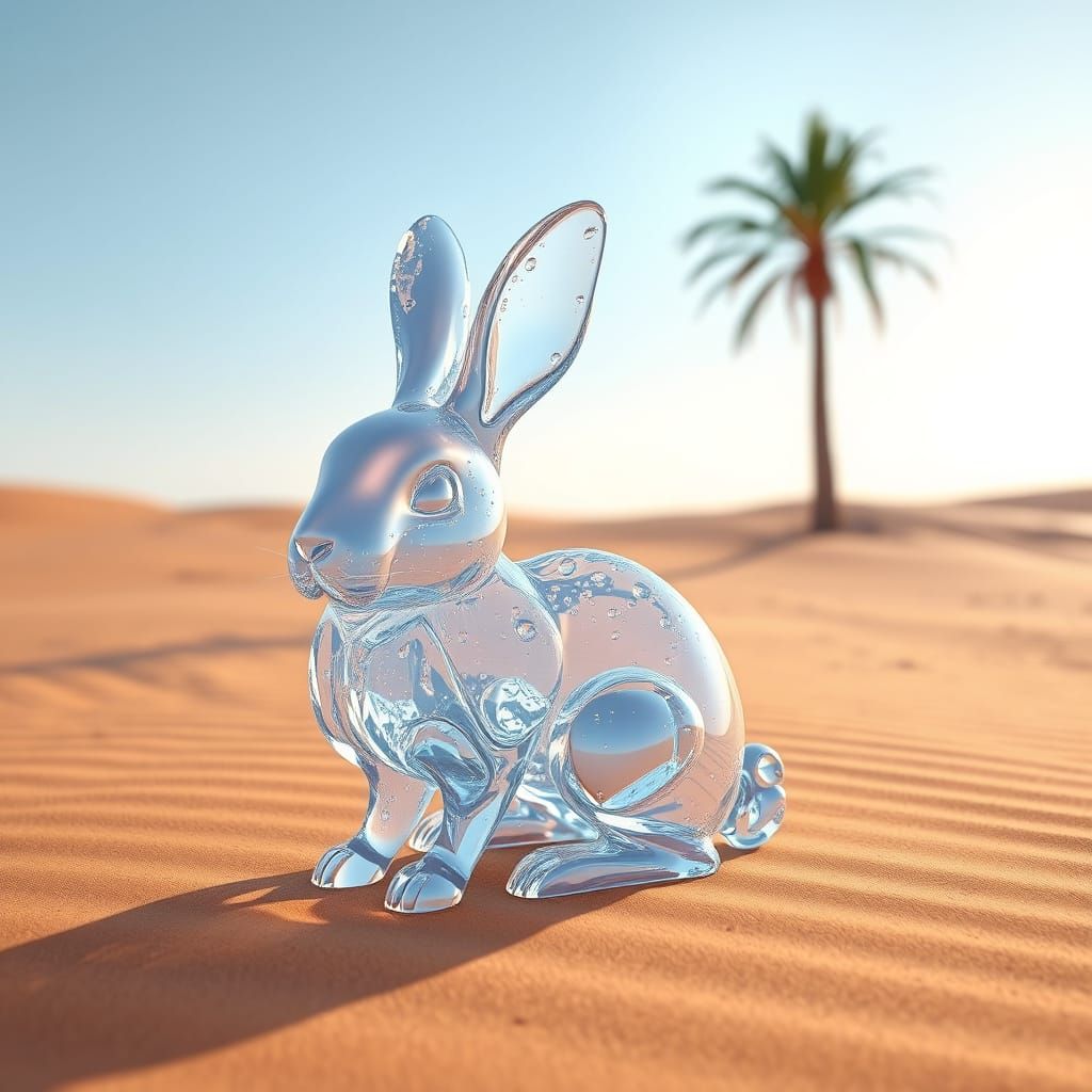 Serenely Glowing Water Bunny in Desert Oasis