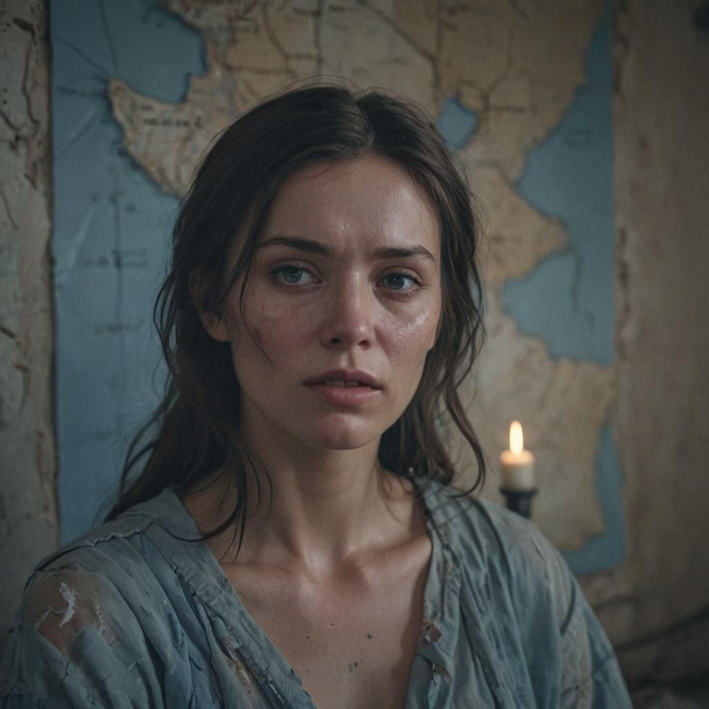 Sorrowful Woman in Ruin, Hyper-Realistic Portrait