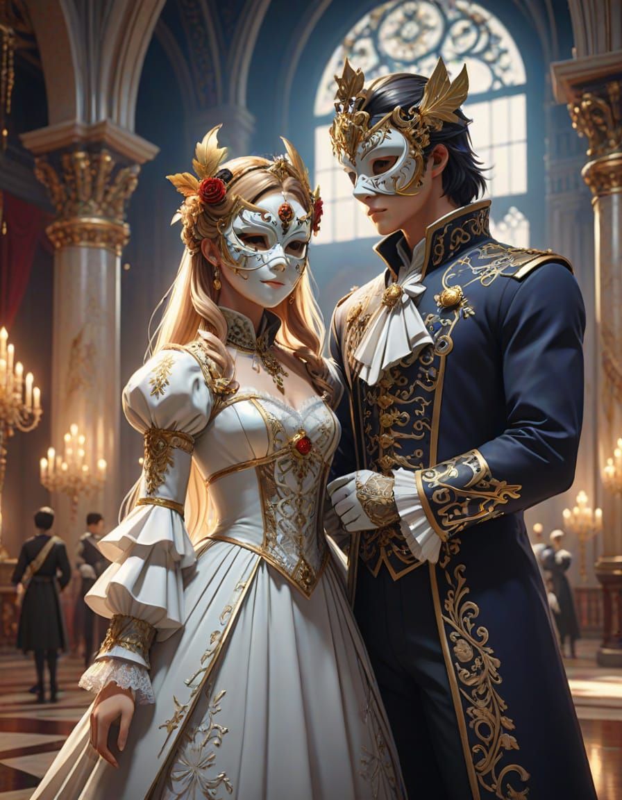 Renaissance Masquerade Ball Scene with Romeo and Juliet