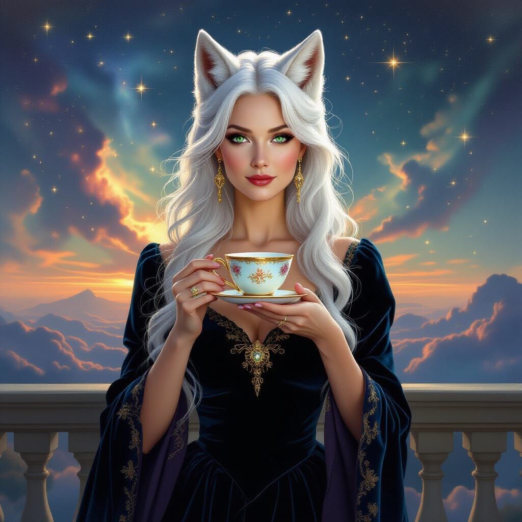 Woman with Wolf Ears and Celestial Teacup on Nebula Balcony