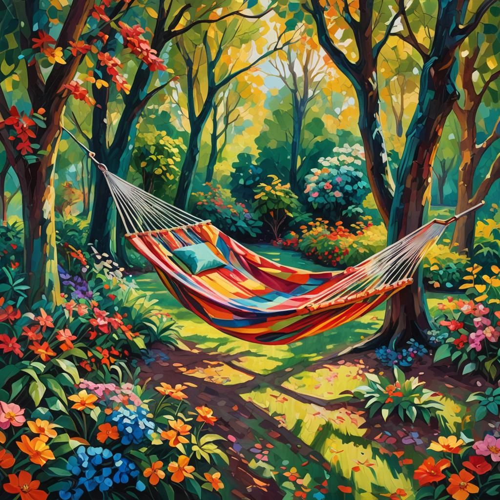 Whimsical Hammock in Lush Fauvist Flower Garden