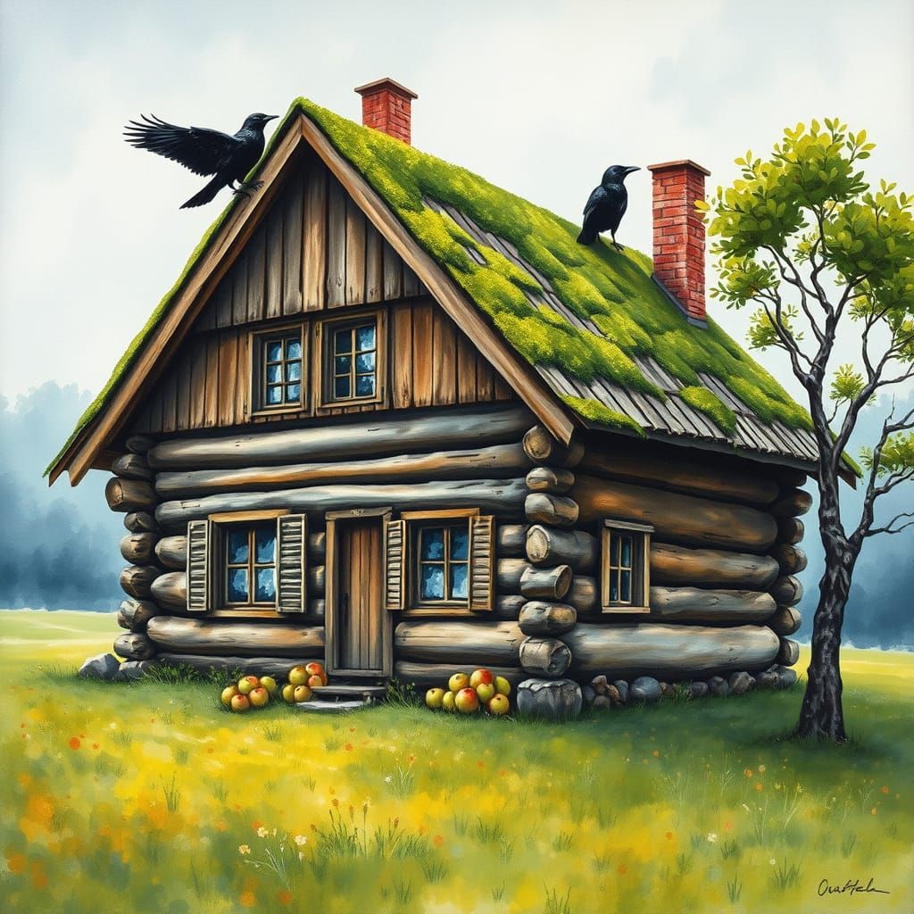 Mossy Log House with Raven in Gouache Style