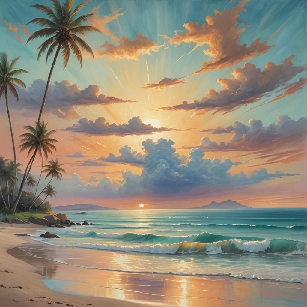 Heavenly Beach Scene with Whale in Distance, Soft Focus, War...