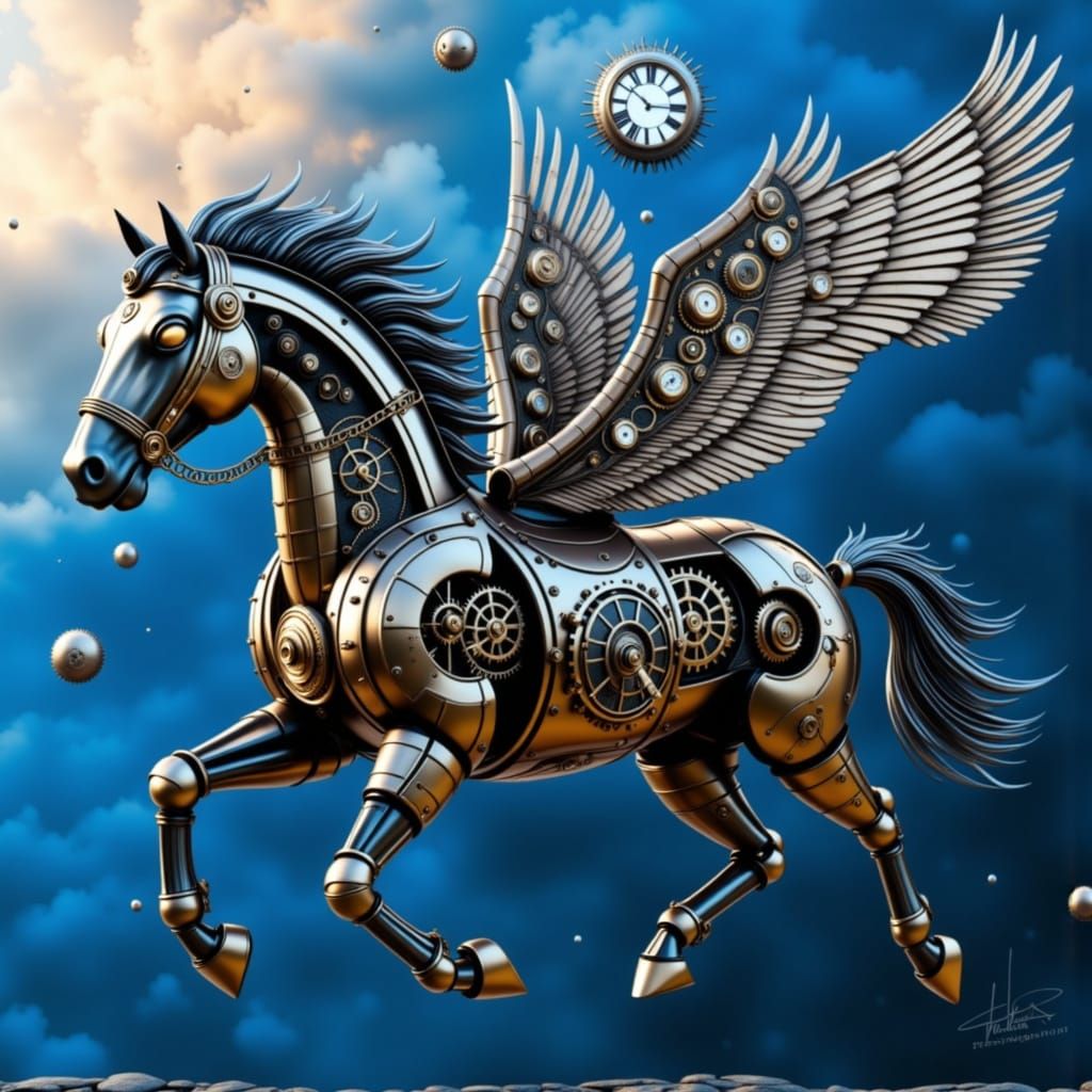 Majestic Clockwork Horse with Wings in Dreamlike Landscape