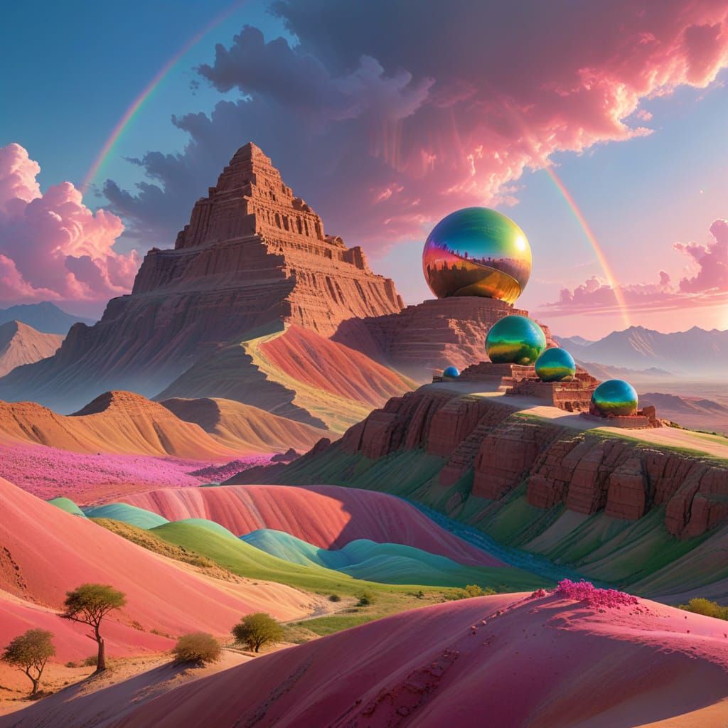 Airbrushed Ziggurat with Floating Iridescent Spheres