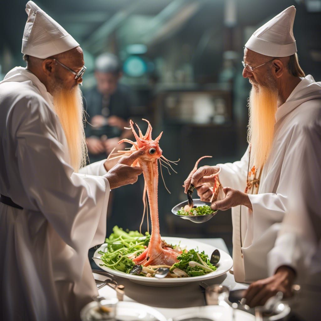 Squid Priests' Sacred Seafood Gathering in Ethereal Light