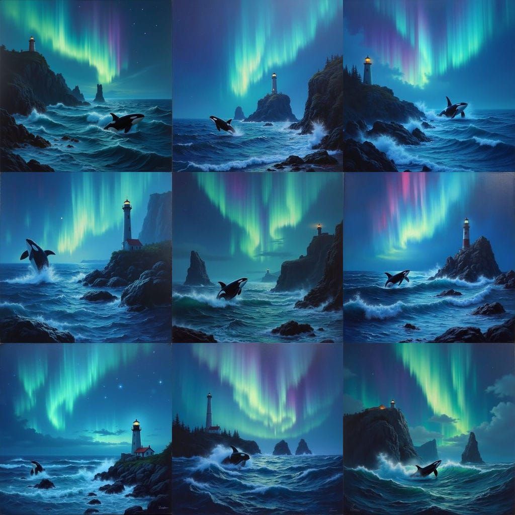 Orca Whale Under Aurora Borealis With Crashing Waves