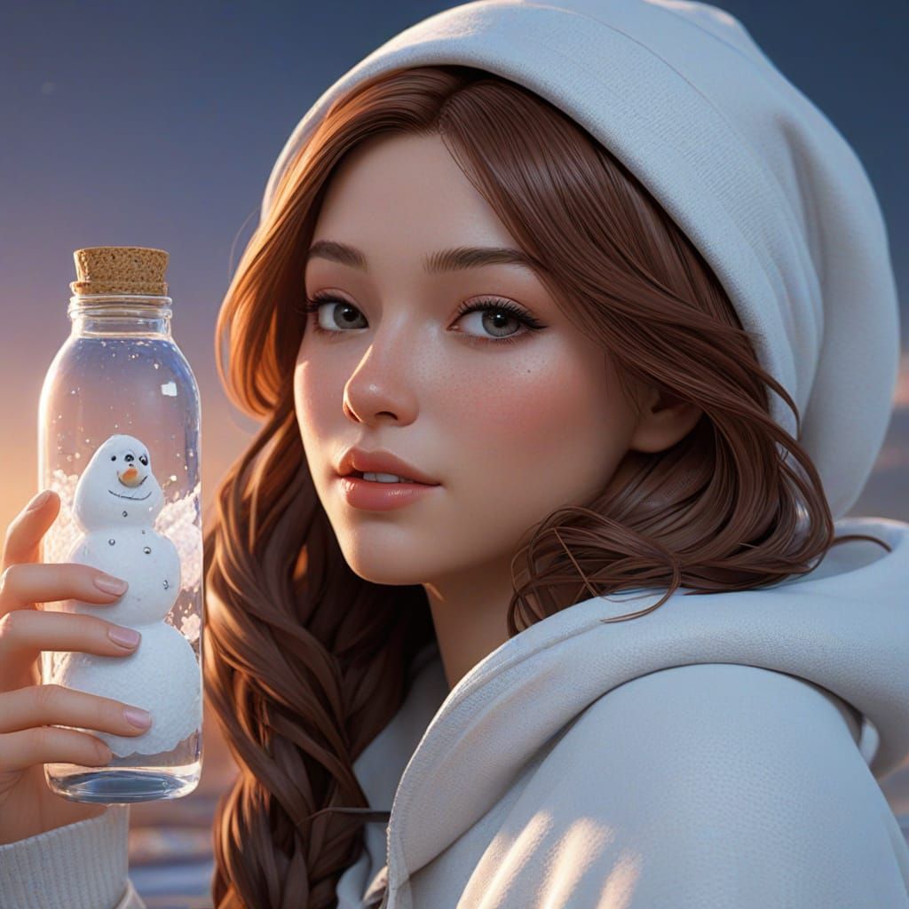 Chibi Snowgirl Blows Snow on Miniature Beach Inside Glass Bo...