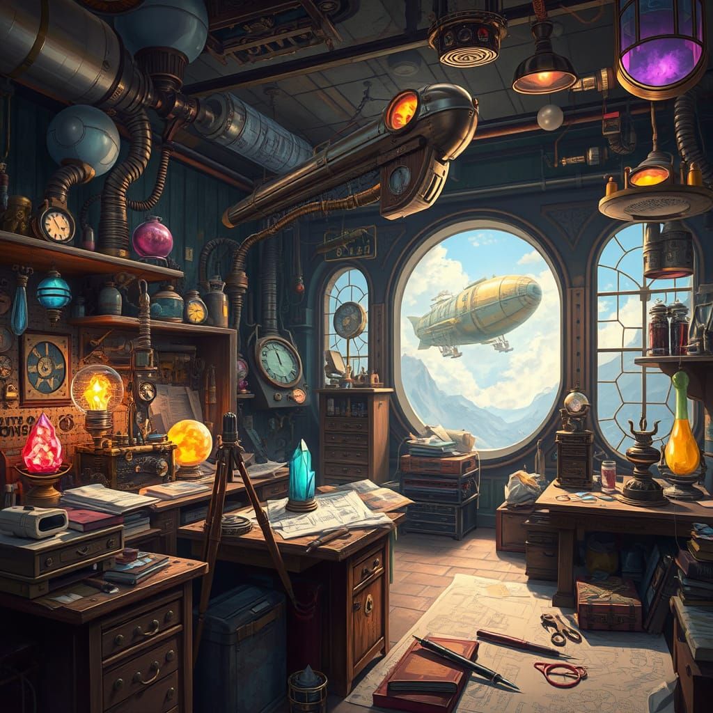 Steampunk Inventor's Lab with Lion Airship