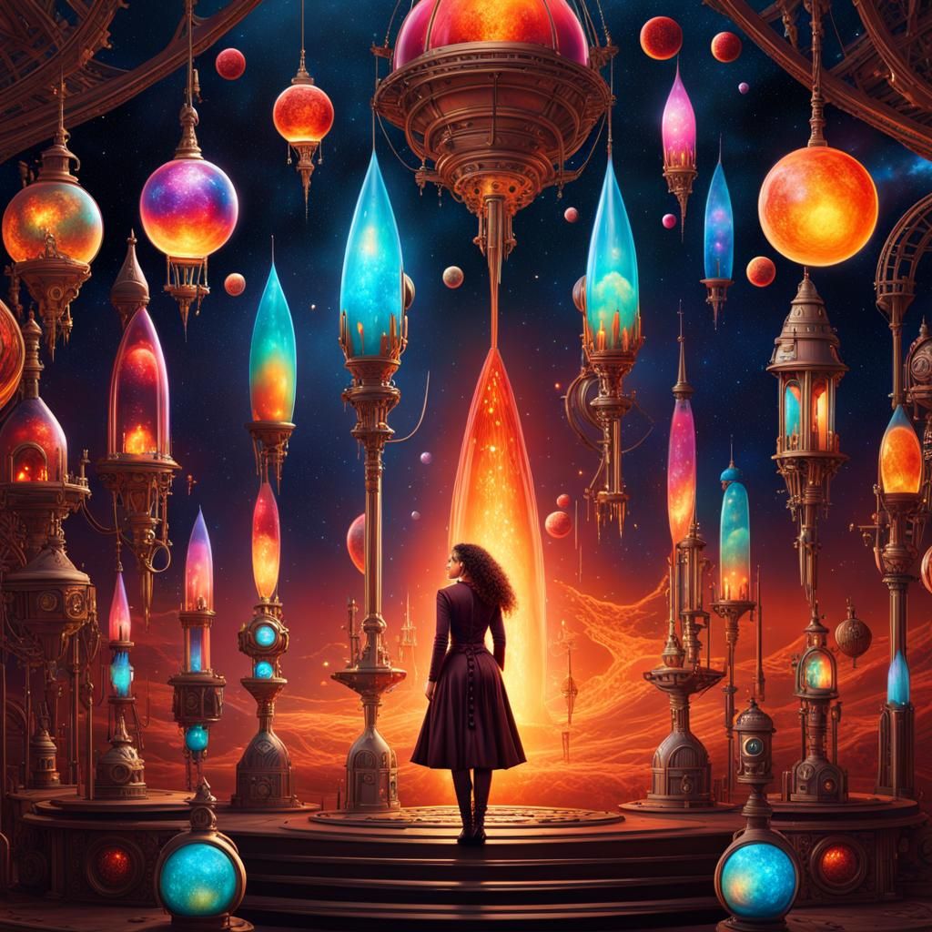 Enchanted Steampunk Goddess Surrounded by Retrofuturistic La...