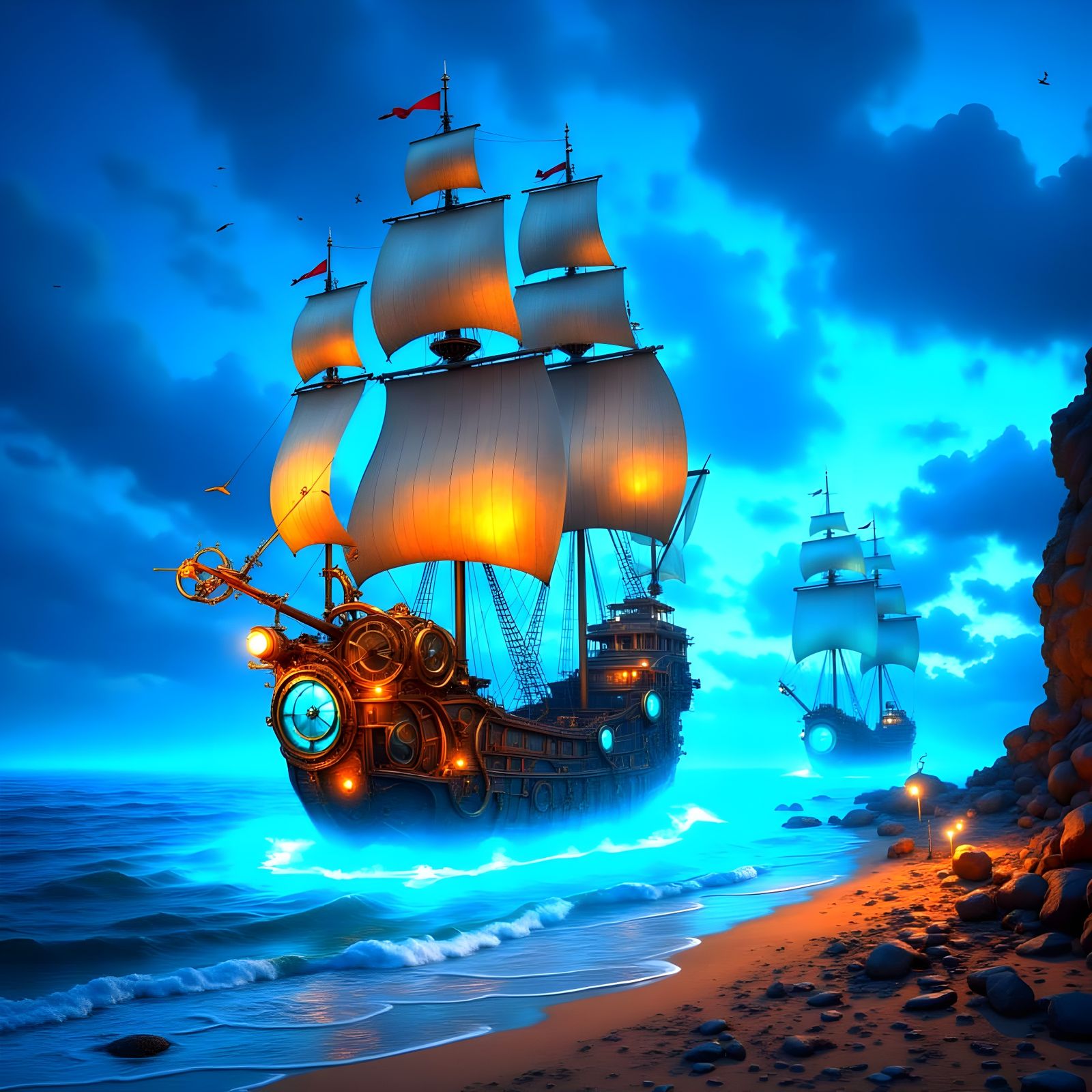 Majestic Steampunk Ships Sail Luminescent Ocean