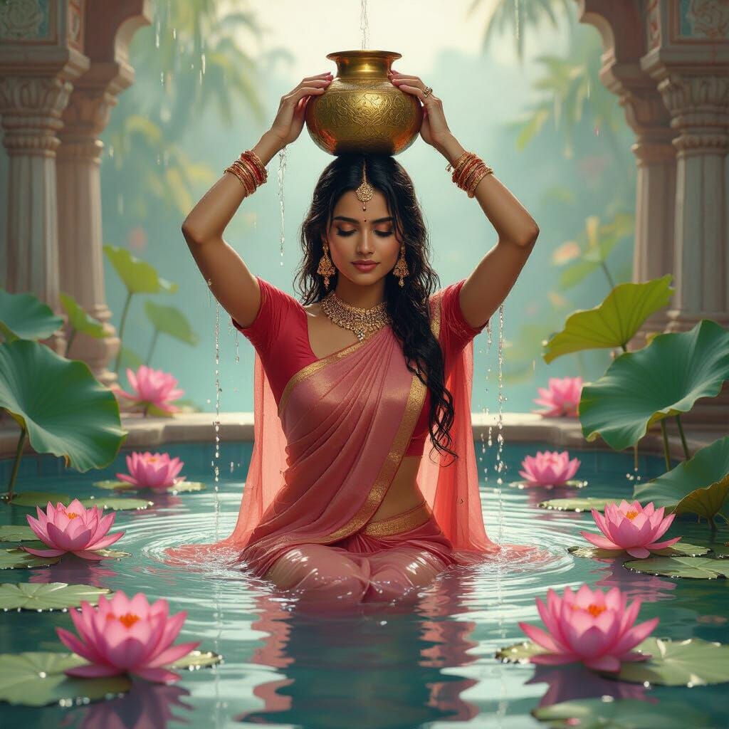 Serene Indian Woman Bathing in Hyper-Realistic Style