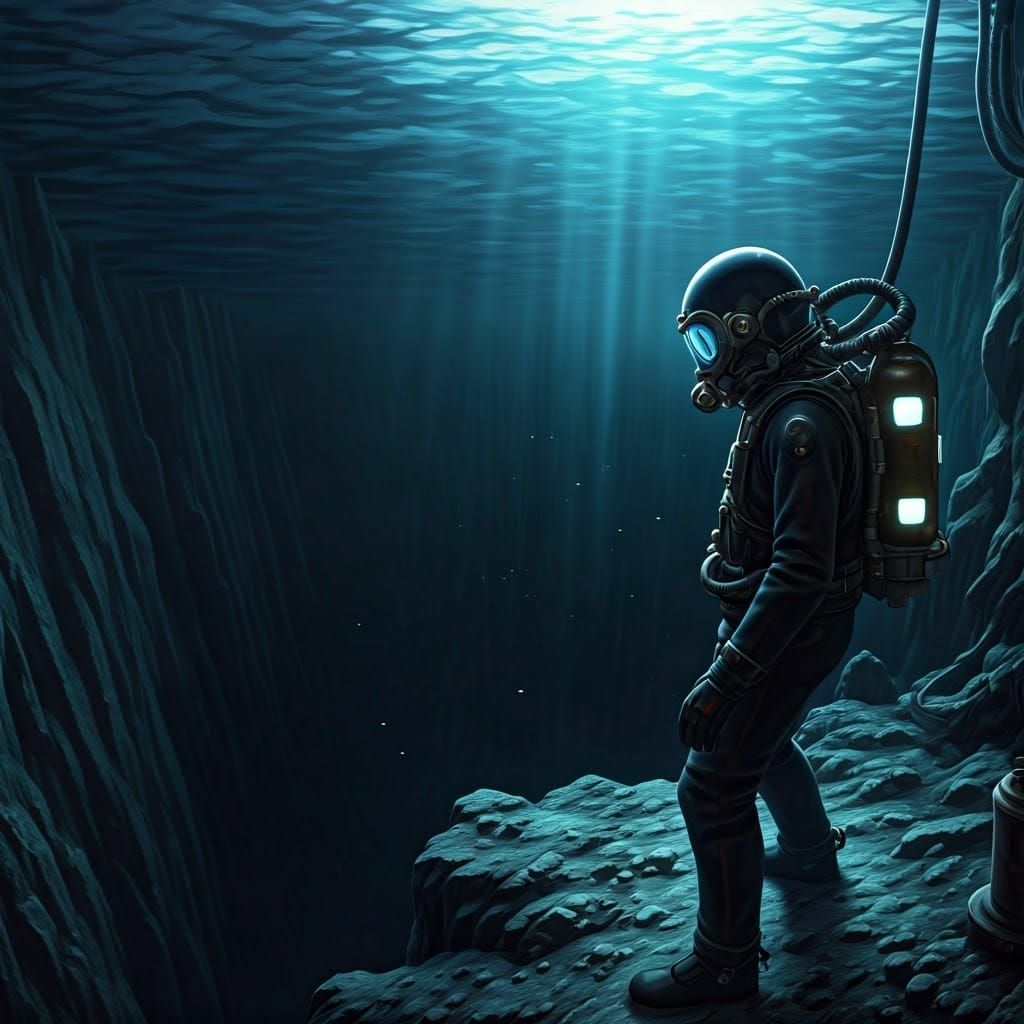 Deep Sea Diver at Trench Edge in Futuristic Style