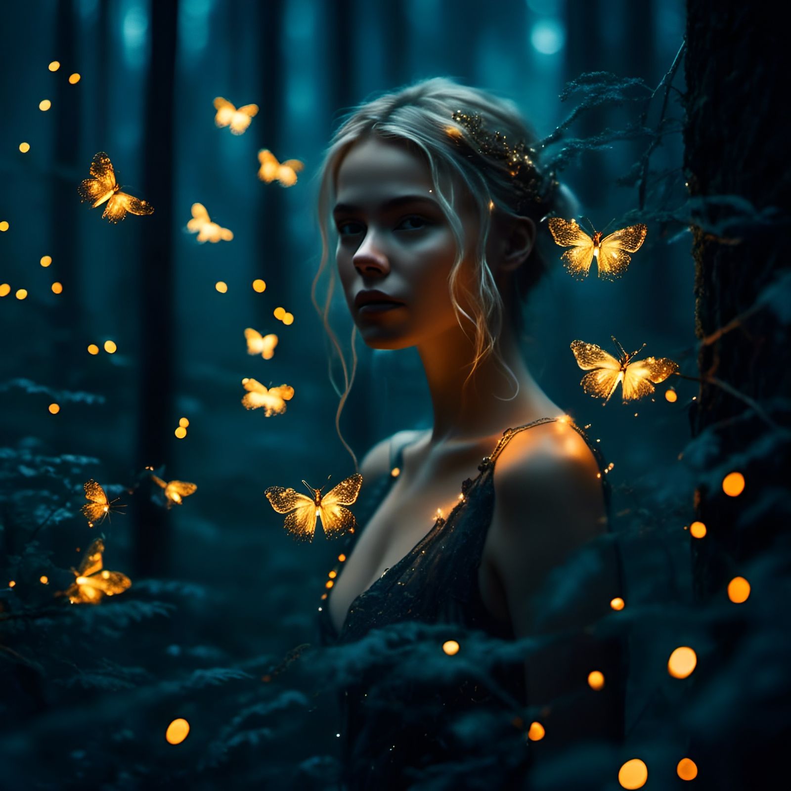 Enchanted Forest Dreamer Amidst Sparkling Fireflies