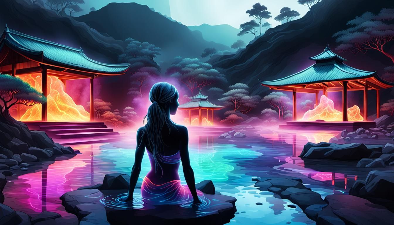 Ethereal Woman Bathers in Hot Spring Under Neon Lights