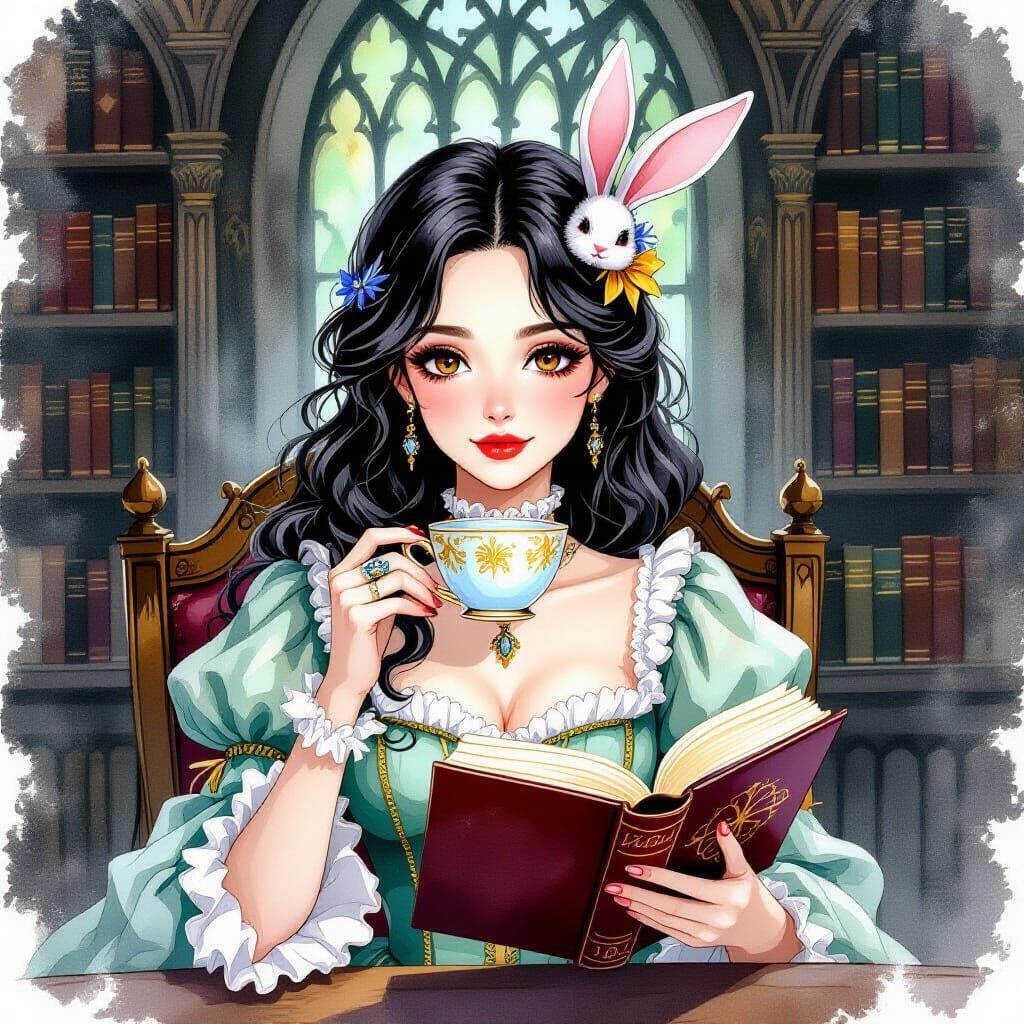 Woman Reading in Gothic Library in Watercolor Style