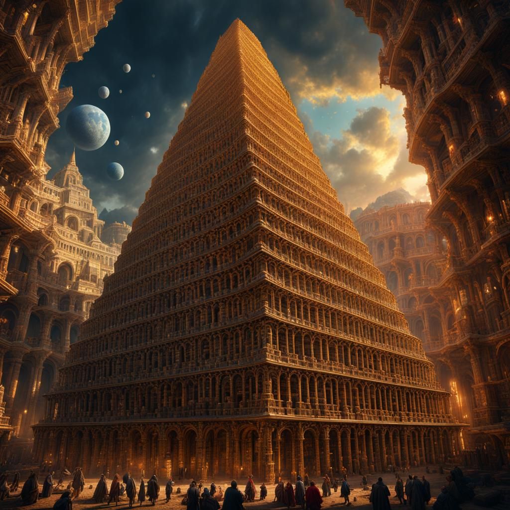 Futuristic Babel Tower with Vibrant Cityscape