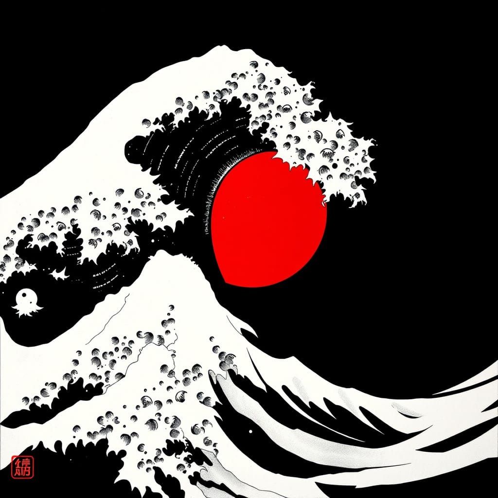 Japanese Wave in Black and White with Red Circle