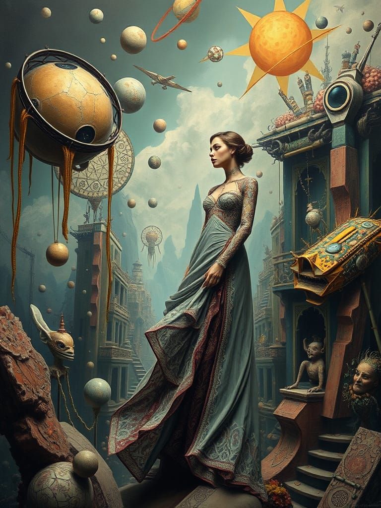 Surreal Woman in Extraterrestrial Landscape as Oil Painting