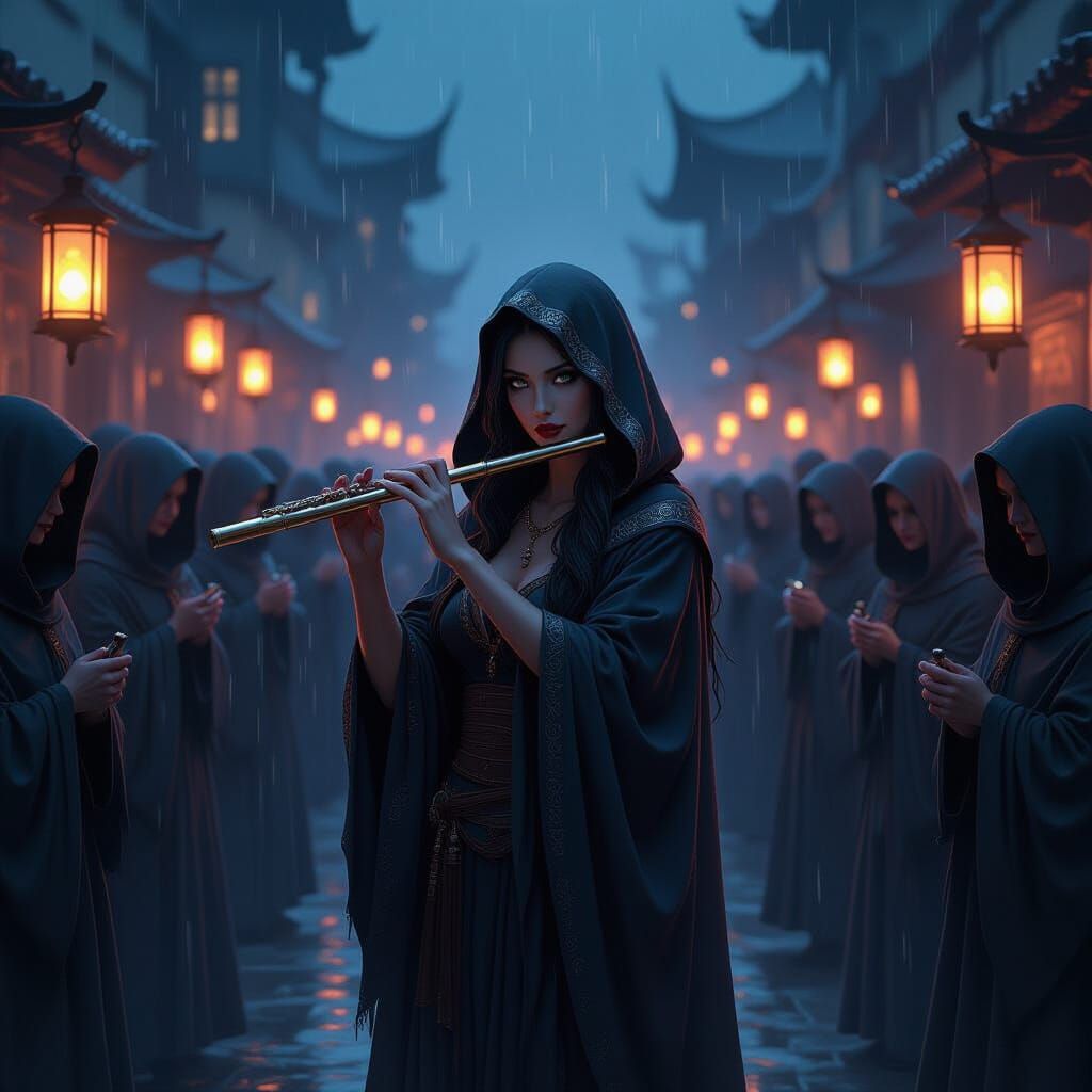 Mystic Flute Player in Rainy Lantern Light