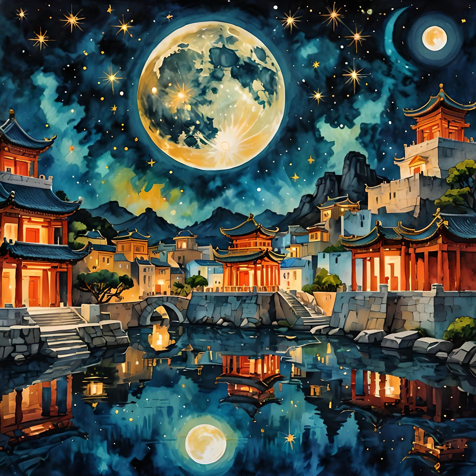 Mythical Greek City Under Dark Moonlight