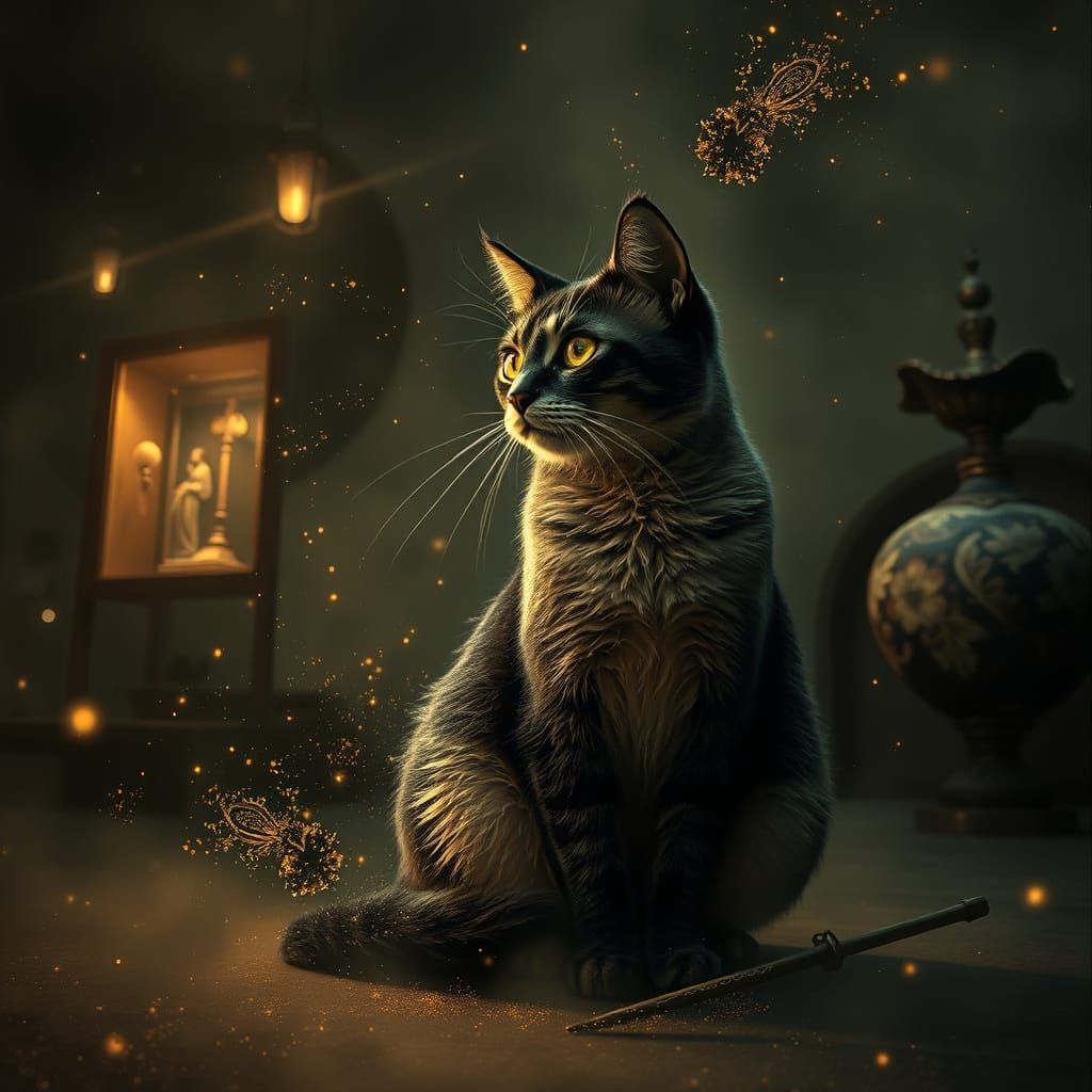 Ethereal Gothic Museum Scene with Tropical Cat and Swirling ...