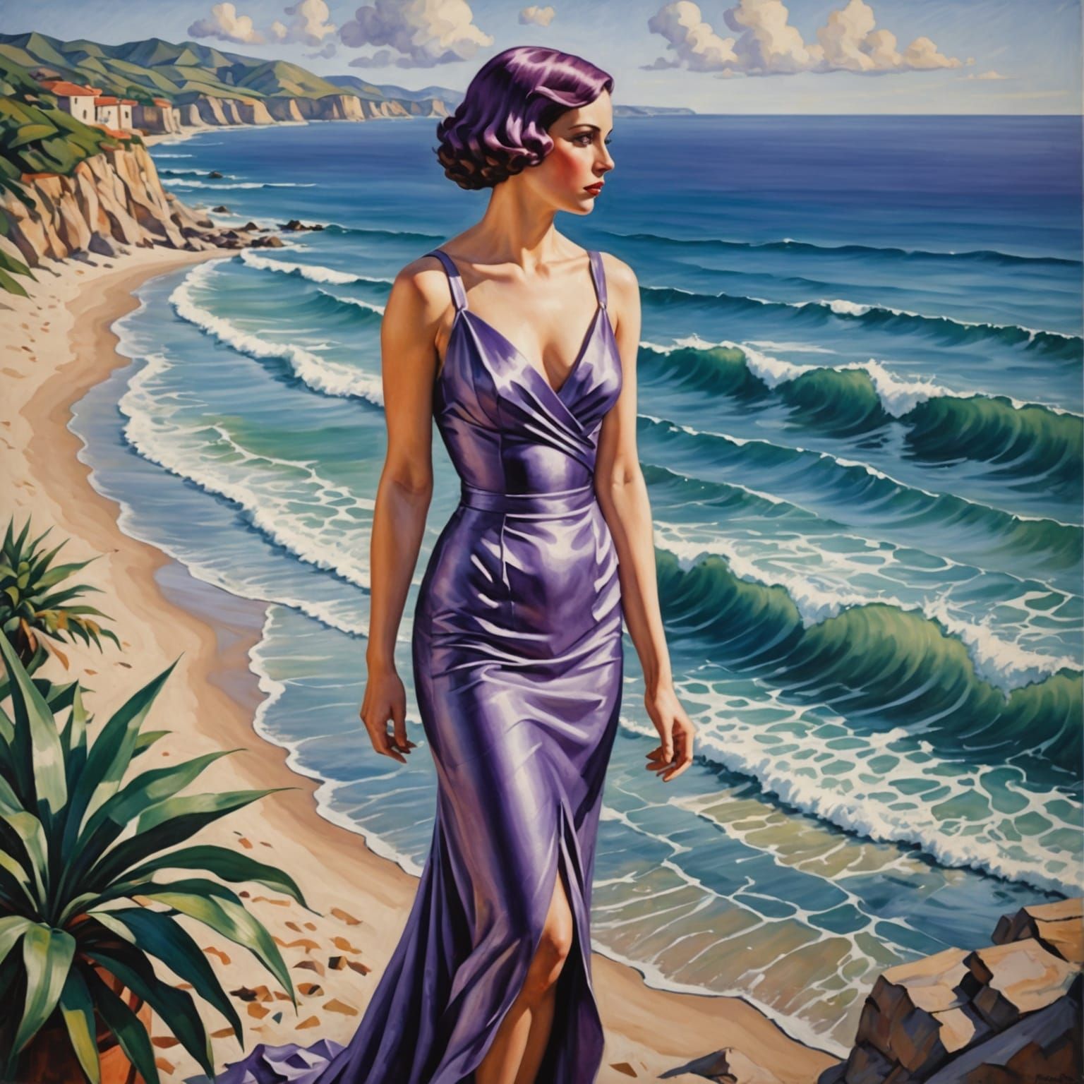 Woman in Flowing Gown Facing Ocean as Impasto Watercolor