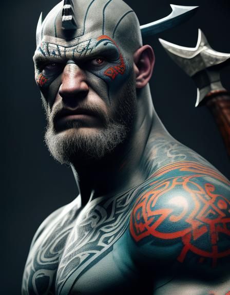 Greyish Blue Goliath Barbarian Wields Battle Axe in Dramatic...