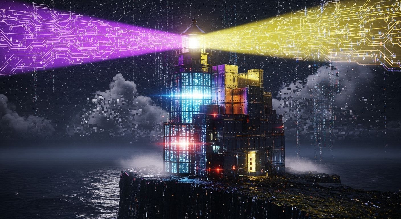 Surreal Glitching Lighthouse at Night