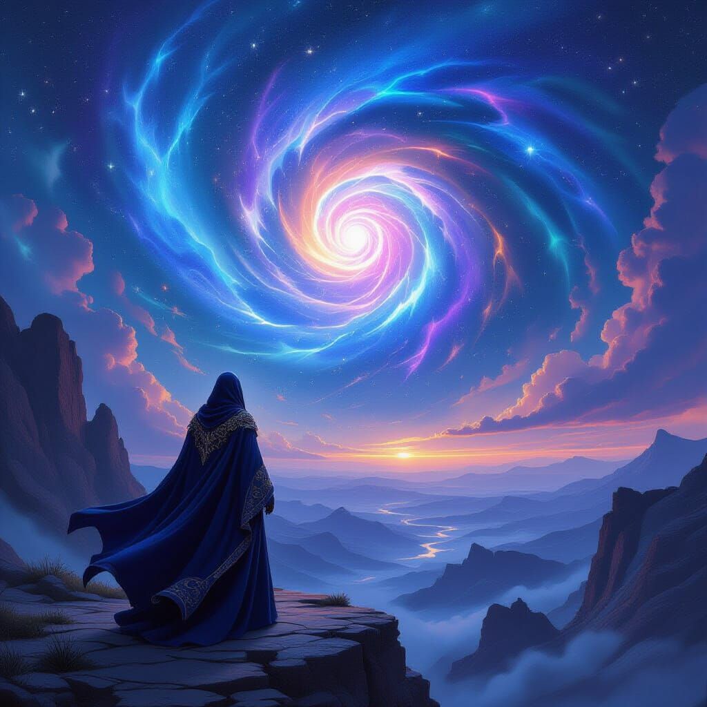 Mage on Precipice Under Cosmic Vortex