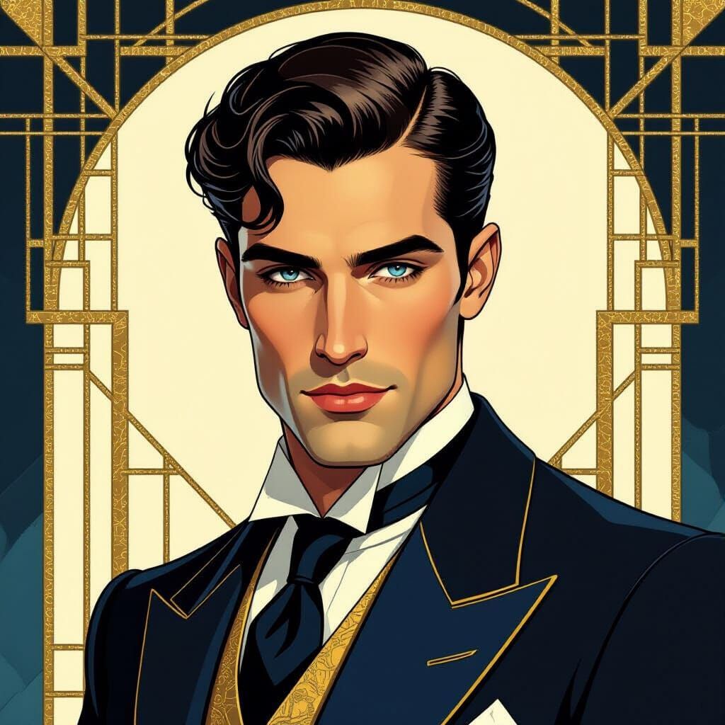 Art Deco Portrait of a Sapphire-Eyed Man in Navy and Gold