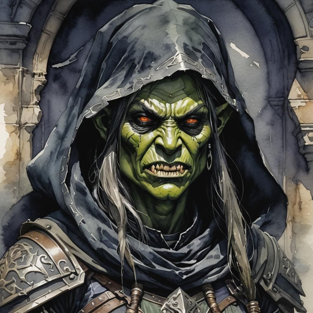 Dark Fantasy Orc Warlock in Watercolor Shadows