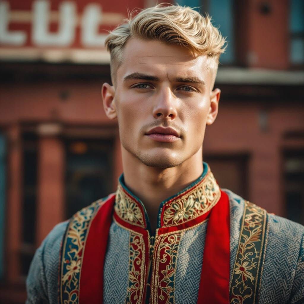 Handsome Man in Vintage Russian Style Portrait