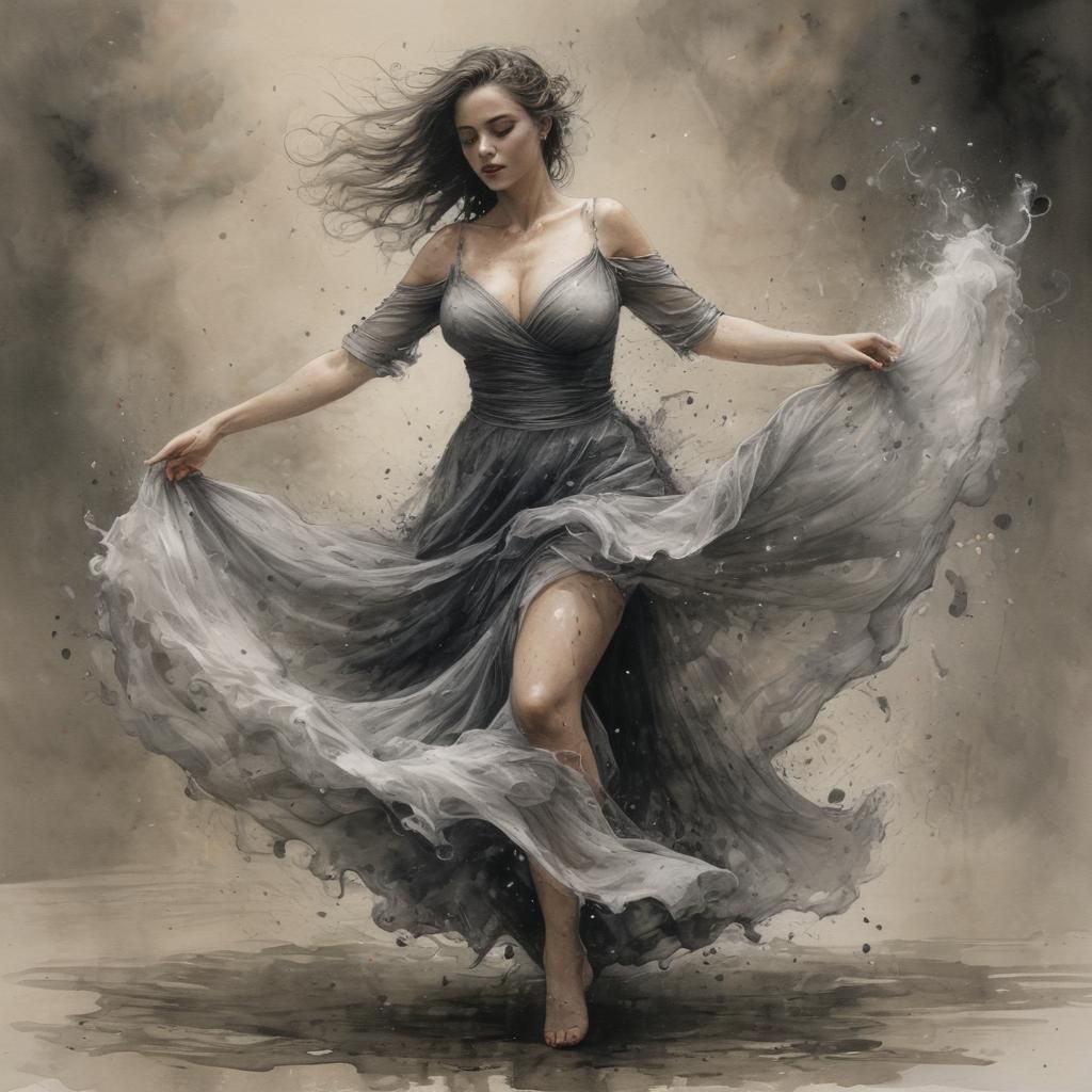 Surreal Woman Dancing in a Radiant, Smoky Gown at Midnight